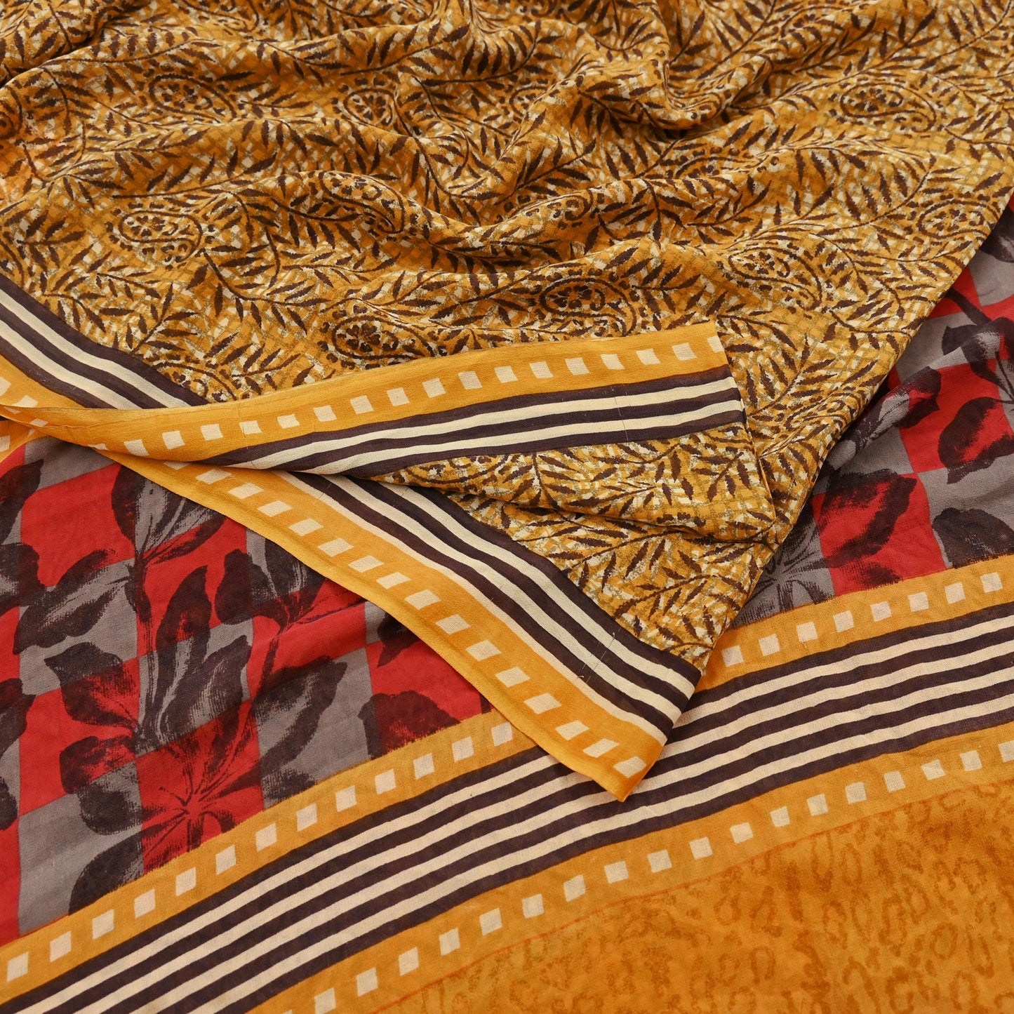 Indian Vintage Mustard Saree 100% Pure Georgette Silk Hand Block Printed Sari Sewing 5yd Craft Soft Dress Designing for Crafting