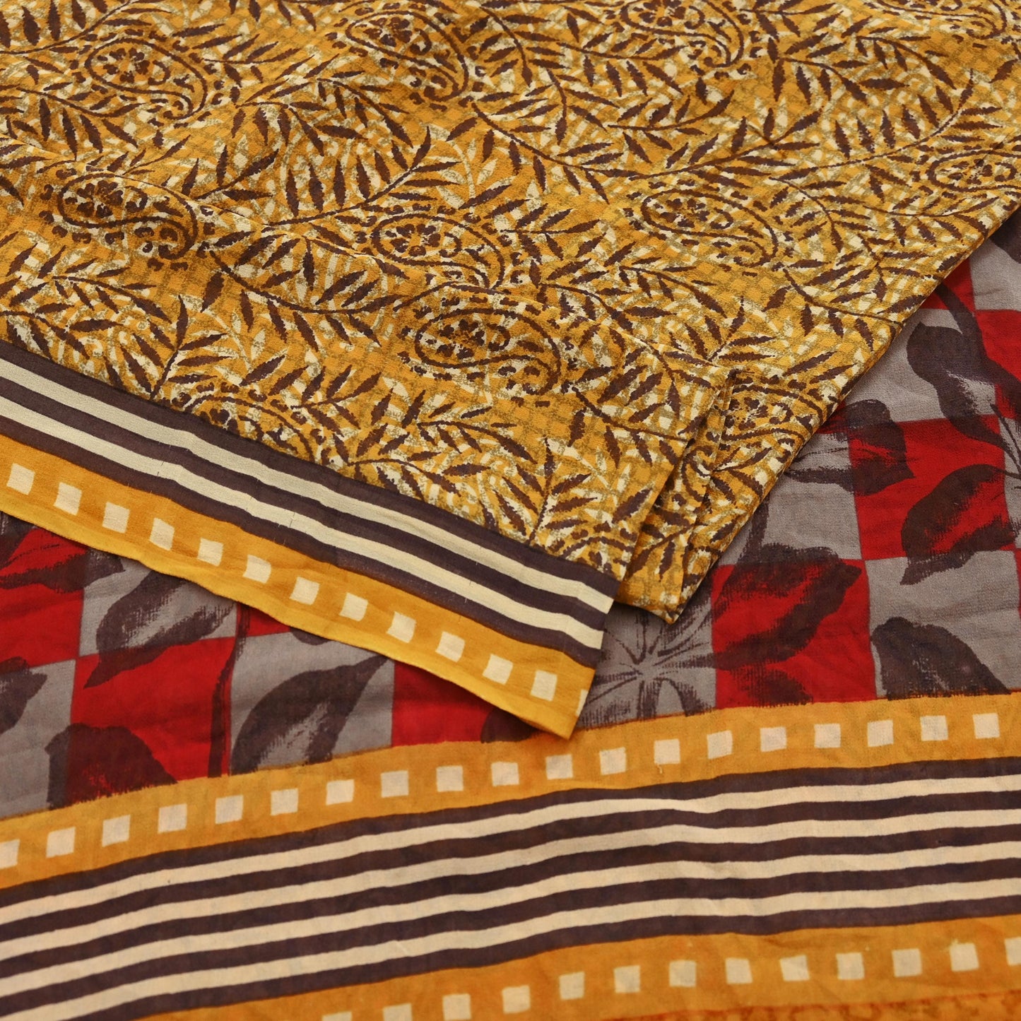 Indian Vintage Mustard Saree 100% Pure Georgette Silk Hand Block Printed Sari Sewing 5yd Craft Soft Dress Designing for Crafting