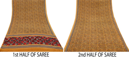 Indian Vintage Mustard Saree 100% Pure Georgette Silk Hand Block Printed Sari Sewing 5yd Craft Soft Dress Designing for Crafting