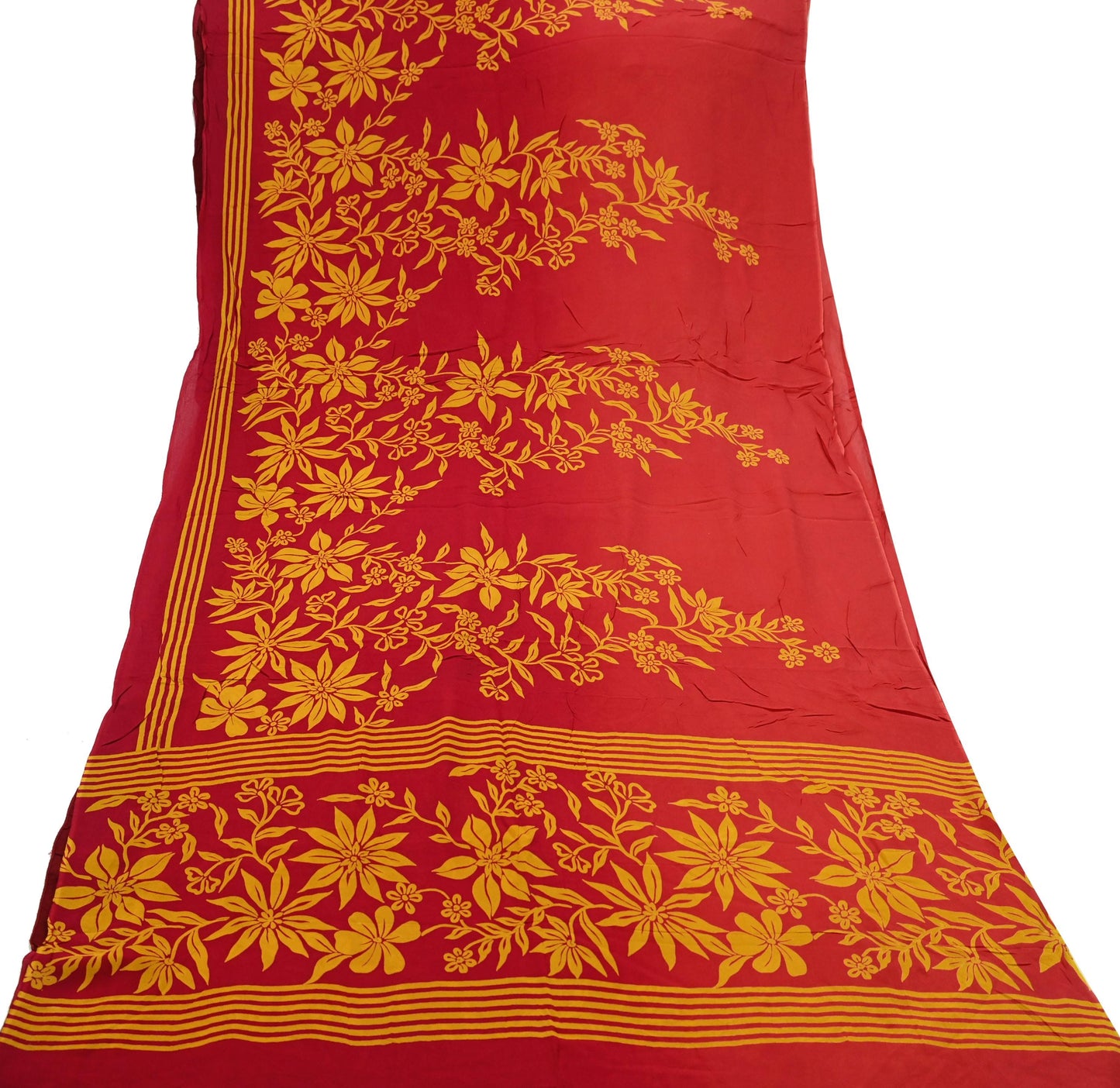 Indian Vintage Sari Saffron & Red Pure Georgette Silk Printed Saree Craft Fabric Sewing 5Yd Soft Dress Making Crafting Quilting Upcycle
