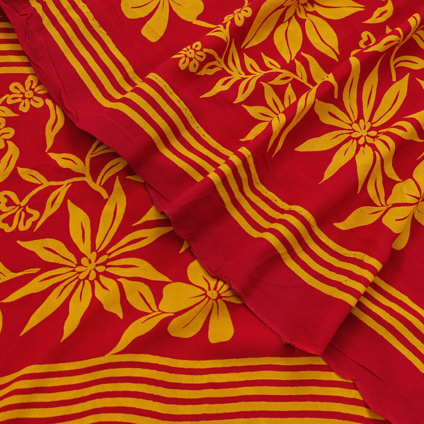 Indian Vintage Sari Saffron & Red Pure Georgette Silk Printed Saree Craft Fabric Sewing 5Yd Soft Dress Making Crafting Quilting Upcycle