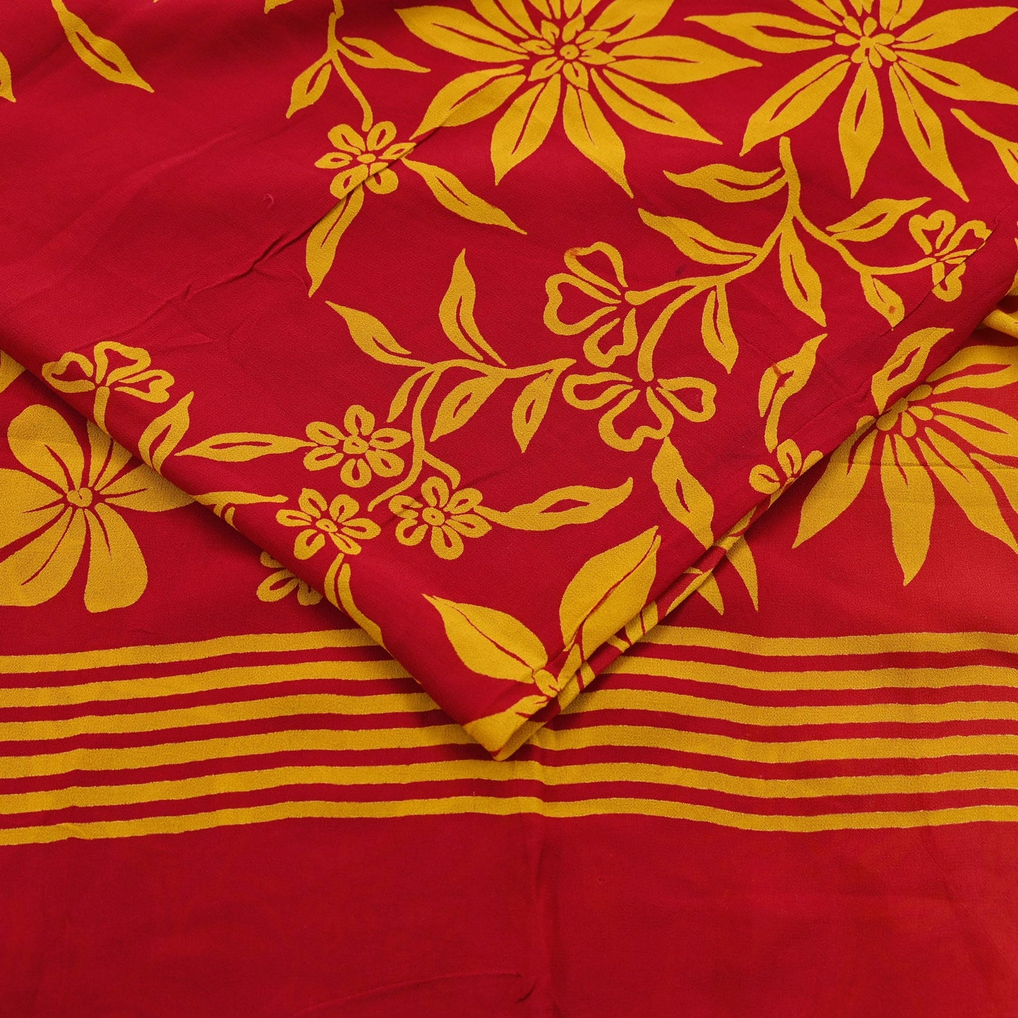Indian Vintage Sari Saffron & Red Pure Georgette Silk Printed Saree Craft Fabric Sewing 5Yd Soft Dress Making Crafting Quilting Upcycle