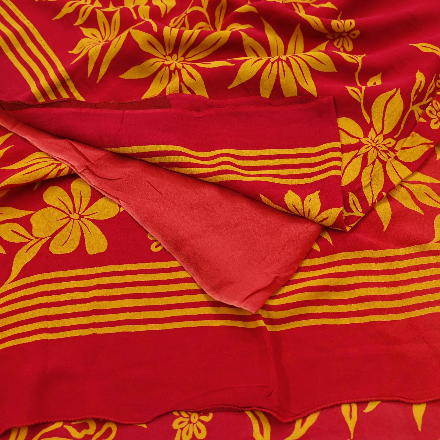Indian Vintage Sari Saffron & Red Pure Georgette Silk Printed Saree Craft Fabric Sewing 5Yd Soft Dress Making Crafting Quilting Upcycle