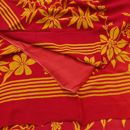 Indian Vintage Sari Saffron & Red Pure Georgette Silk Printed Saree Craft Fabric Sewing 5Yd Soft Dress Making Crafting Quilting Upcycle