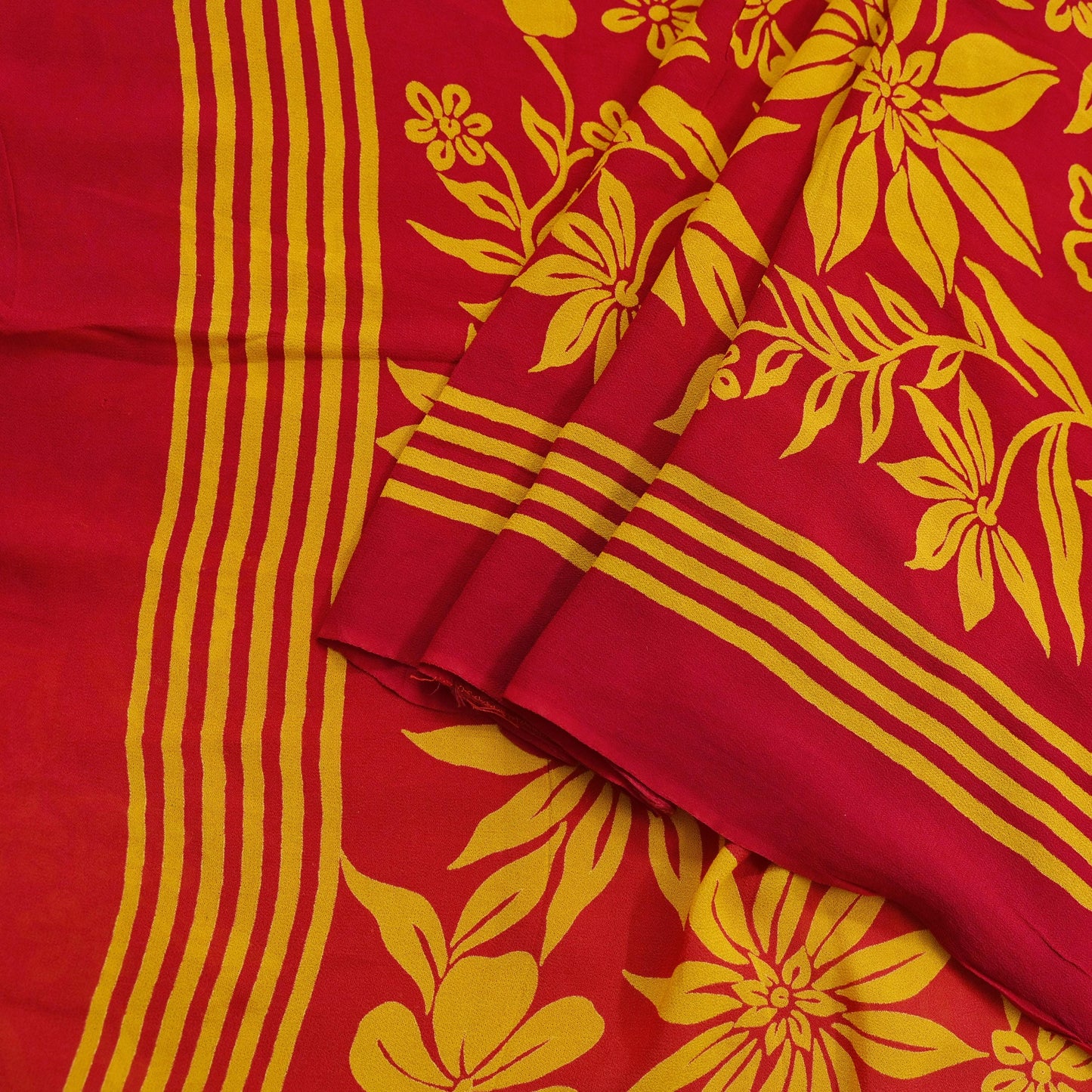 Indian Vintage Sari Saffron & Red Pure Georgette Silk Printed Saree Craft Fabric Sewing 5Yd Soft Dress Making Crafting Quilting Upcycle