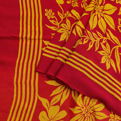 Indian Vintage Sari Saffron & Red Pure Georgette Silk Printed Saree Craft Fabric Sewing 5Yd Soft Dress Making Crafting Quilting Upcycle