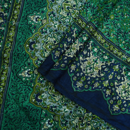Indian Vintage Sari Green & Blue 100% Pure Silk Block Printed Sarees 5yd Sewing Craft Fabric Dress Making Wrap Crafting Quilting Upcycle