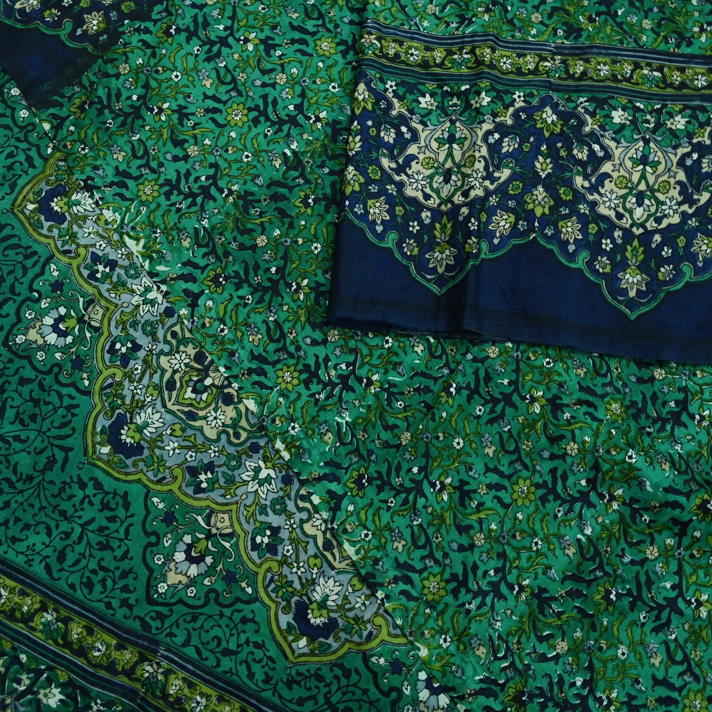 Indian Vintage Sari Green & Blue 100% Pure Silk Block Printed Sarees 5yd Sewing Craft Fabric Dress Making Wrap Crafting Quilting Upcycle