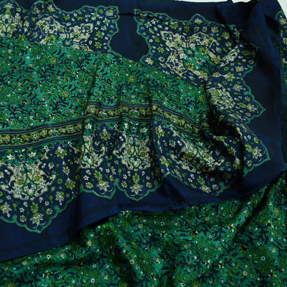 Indian Vintage Sari Green & Blue 100% Pure Silk Block Printed Sarees 5yd Sewing Craft Fabric Dress Making Wrap Crafting Quilting Upcycle
