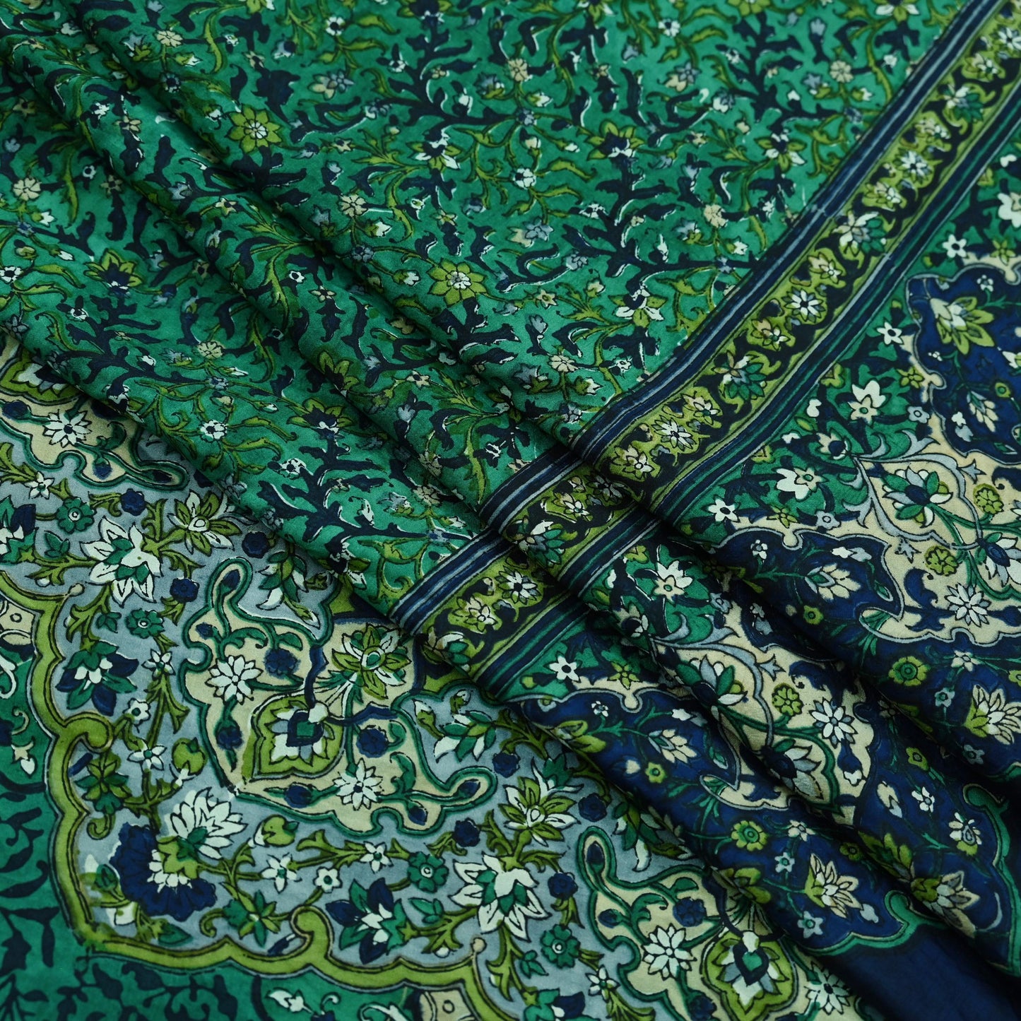 Indian Vintage Sari Green & Blue 100% Pure Silk Block Printed Sarees 5yd Sewing Craft Fabric Dress Making Wrap Crafting Quilting Upcycle