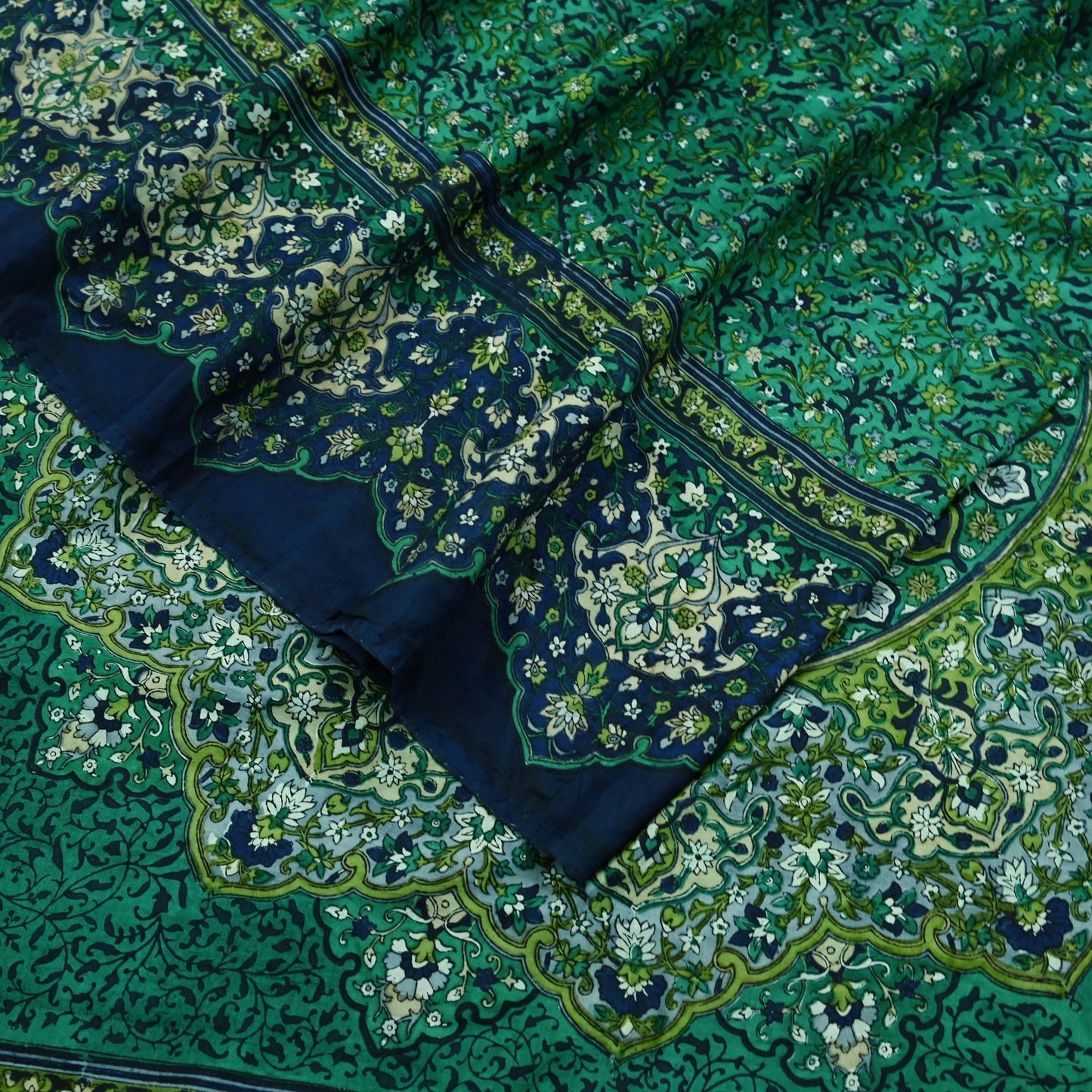 Indian Vintage Sari Green & Blue 100% Pure Silk Block Printed Sarees 5yd Sewing Craft Fabric Dress Making Wrap Crafting Quilting Upcycle