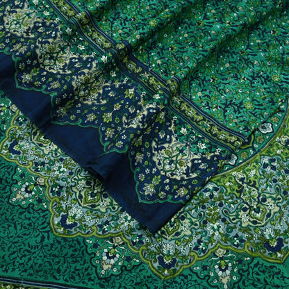 Indian Vintage Sari Green & Blue 100% Pure Silk Block Printed Sarees 5yd Sewing Craft Fabric Dress Making Wrap Crafting Quilting Upcycle