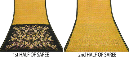 Indian Vintage Yellow Sarees 100% Pure Silk Printed Sari Craft Fabric 5yd Sewing Floral Soft Dress making Crafting quilting Upcycle Zari