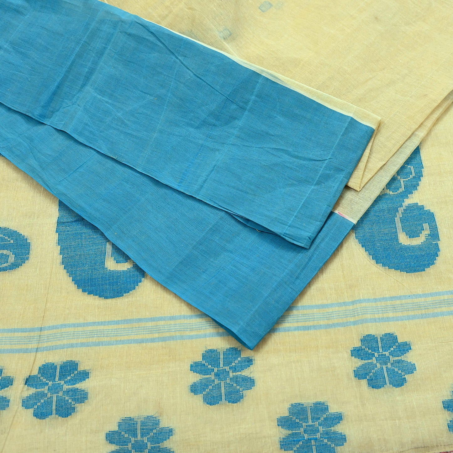 Indian Vintage Sari Beige Pure Cotton Hand Woven Sarees Craft Fabric 5yd Ethnic Paisley Crafting Upcycle Quilting Dress Making Quilting
