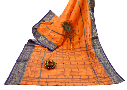 Indian Vintage Sari Orange Pure Cotton Hand Woven Saree Zari 5Yd Craft Fabric Floral Ethnic Sarong Dress making Crafting Quilting Zari