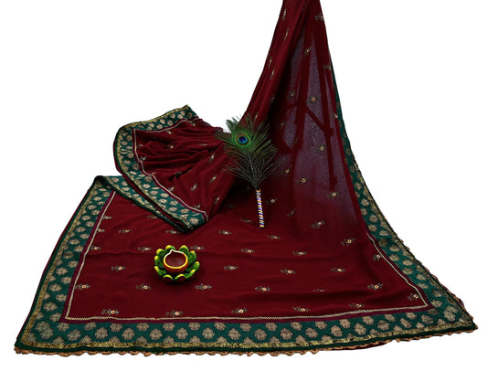 Indian Vintage Sari Maroon Hand Embroidered Pure Georgette Silk Sarees Craft Fabric 5Yd Sequins Wedding Sarees Quilting Crafting Upcycle