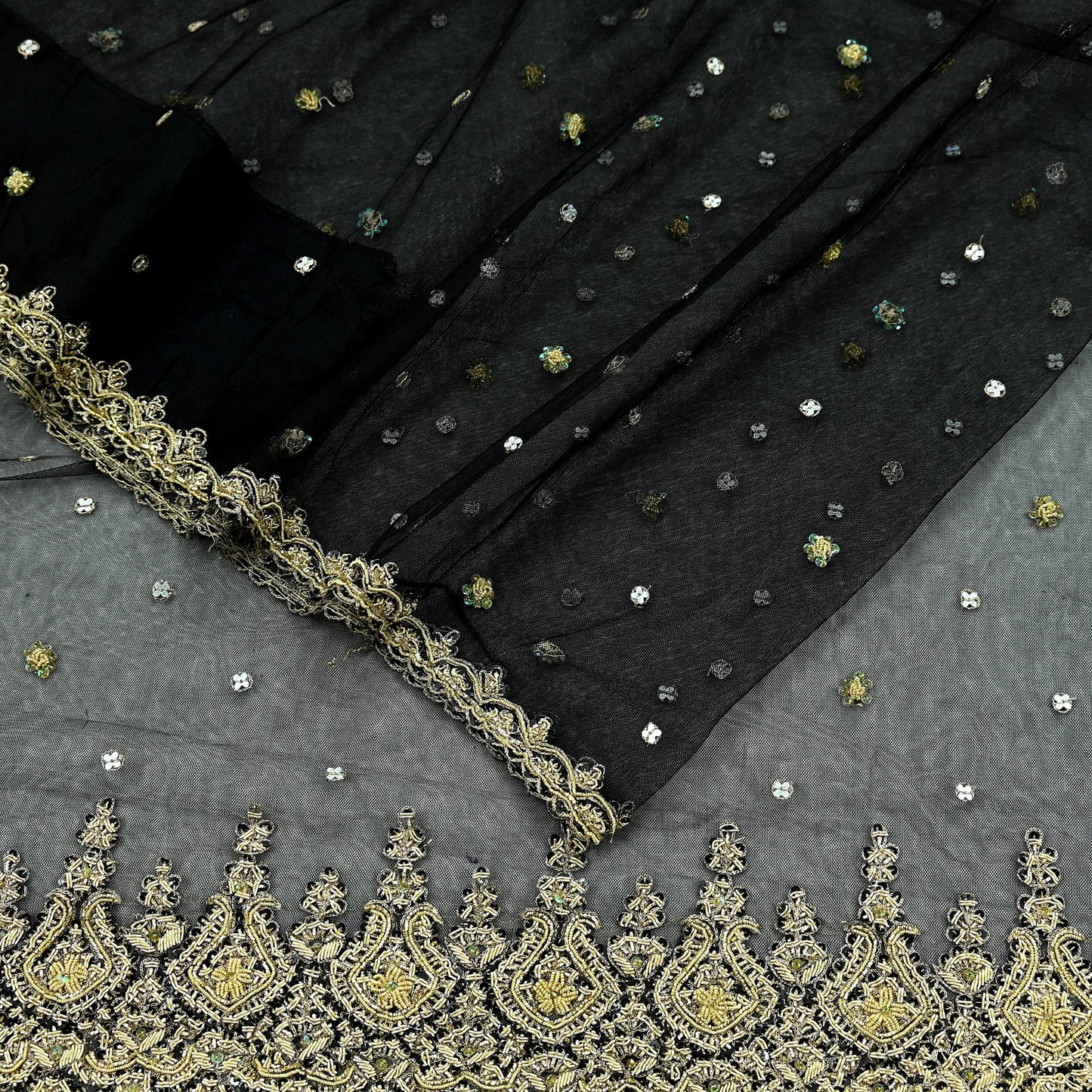 Indian Vintage Sari Black Net/Mesh Hand Embroidered Sarees Craft Fabric 5Yd Sewing Soft Zardozi/Dabka Zari Sequins Wedding sarees