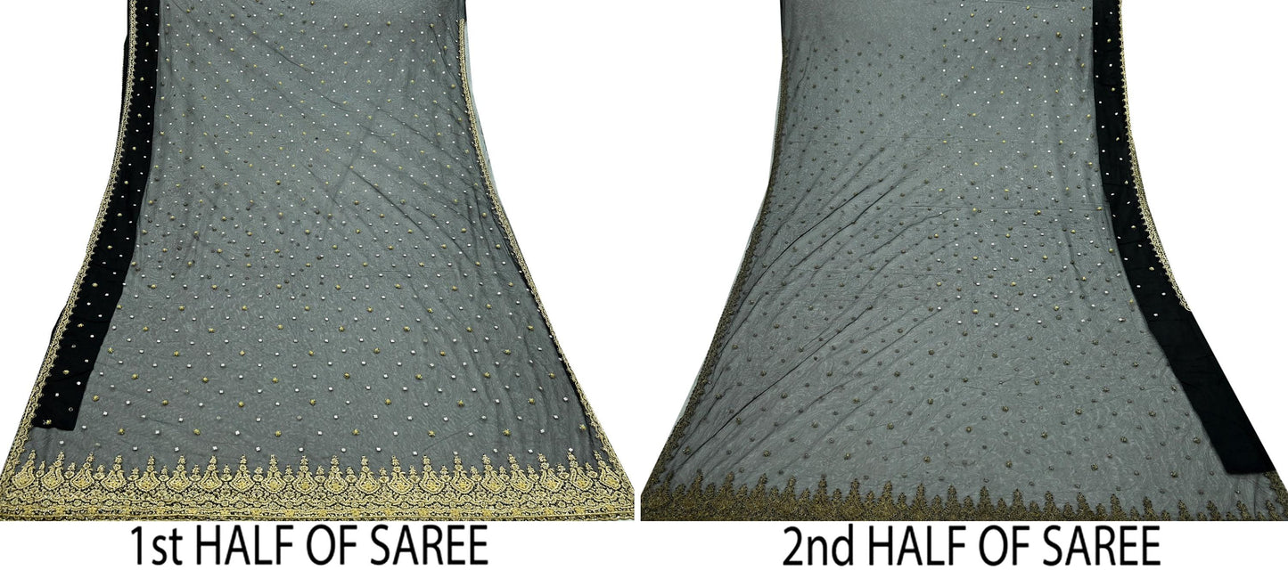 Indian Vintage Sari Black Net/Mesh Hand Embroidered Sarees Craft Fabric 5Yd Sewing Soft Zardozi/Dabka Zari Sequins Wedding sarees