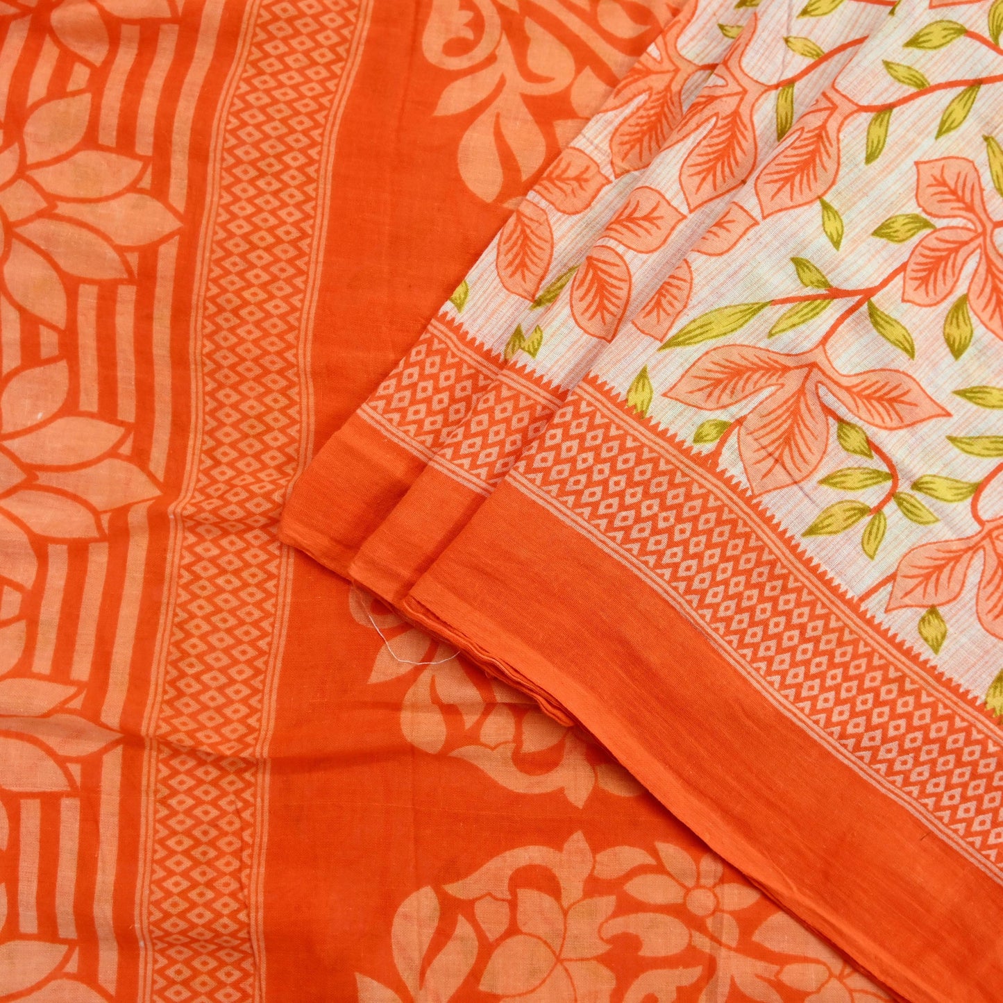 Indian Vintage Sari Orange & Ivory Printed Pure Cotton Saree Craft Fabric 5Yd Soft Sewing Sarong Wrap Boho Dress making Crafting Quilting