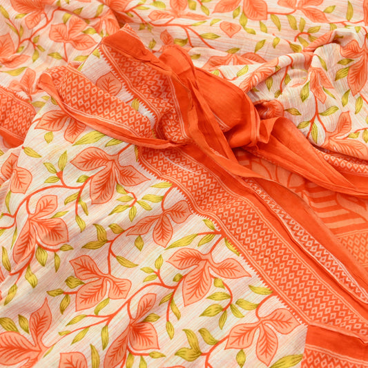 Indian Vintage Sari Orange & Ivory Printed Pure Cotton Saree Craft Fabric 5Yd Soft Sewing Sarong Wrap Boho Dress making Crafting Quilting