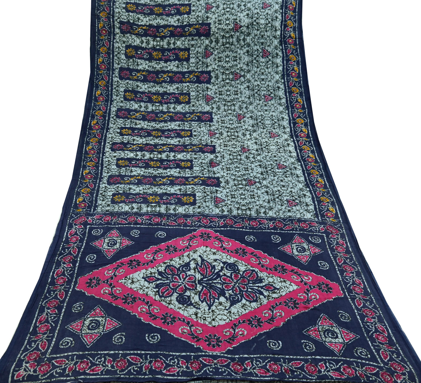 Indian Vintage Sari Gray & Blue Batik Printed Pure Cotton Saree Craft Fabric 5Yd Sewing Soft Sarong Wrap Boho Dress Making Quilting Crafting
