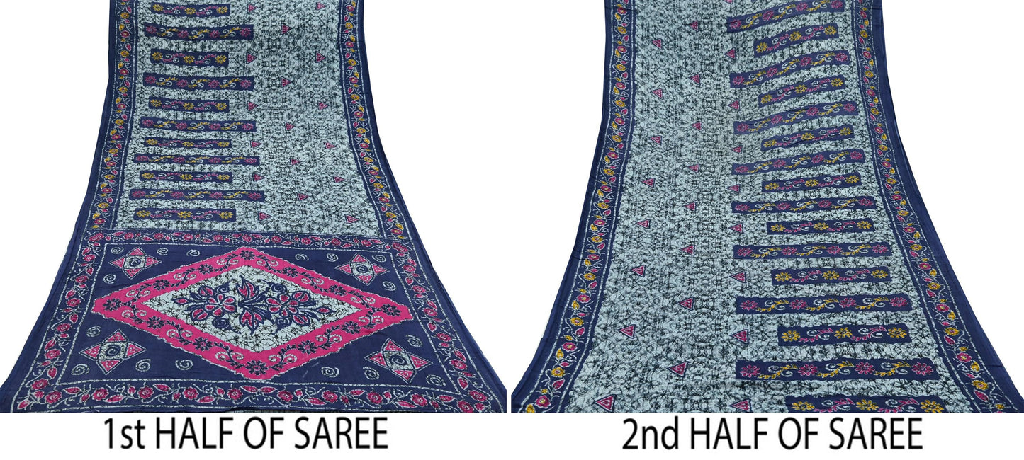 Indian Vintage Sari Gray & Blue Batik Printed Pure Cotton Saree Craft Fabric 5Yd Sewing Soft Sarong Wrap Boho Dress Making Quilting Crafting