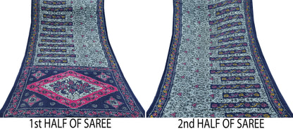 Indian Vintage Sari Gray & Blue Batik Printed Pure Cotton Saree Craft Fabric 5Yd Sewing Soft Sarong Wrap Boho Dress Making Quilting Crafting