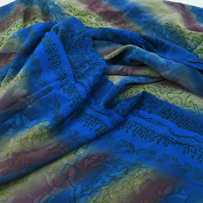Indian Vintage Blue Saree Pure Crepe Silk Printed Sari 5yd Sewing Abstract Soft Craft Fabric Wrap Dress making Crafting Quilting Upcycle