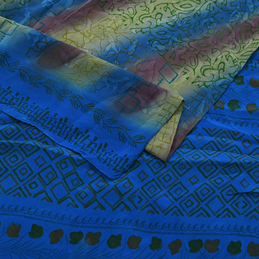Indian Vintage Blue Saree Pure Crepe Silk Printed Sari 5yd Sewing Abstract Soft Craft Fabric Wrap Dress making Crafting Quilting Upcycle