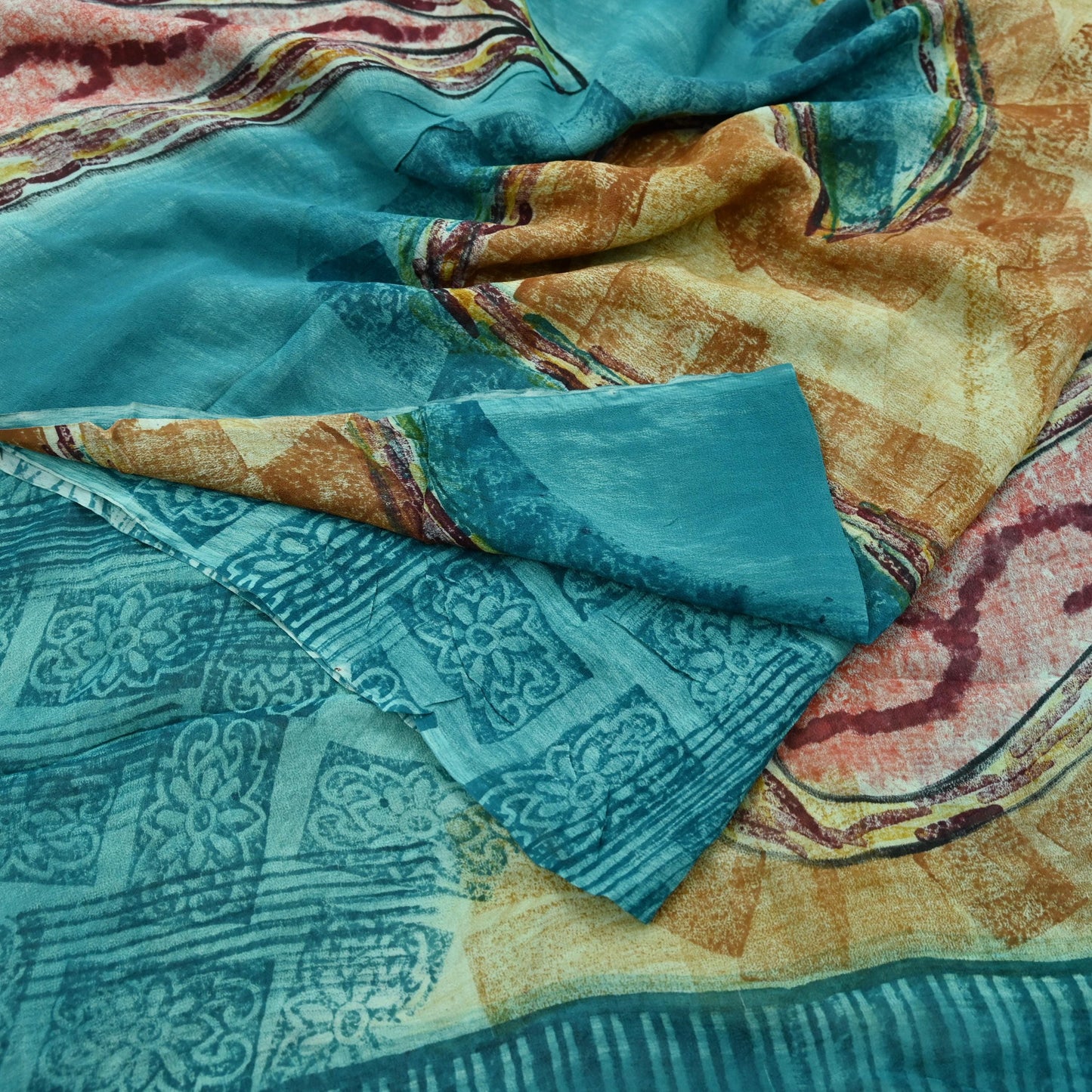 Indian Vintage Sari Beige & Blue Pure Georgette Silk Sarees Craft Fabric Sewing 5Yd Soft Light Dress Making Upcycle Quilting Crafting