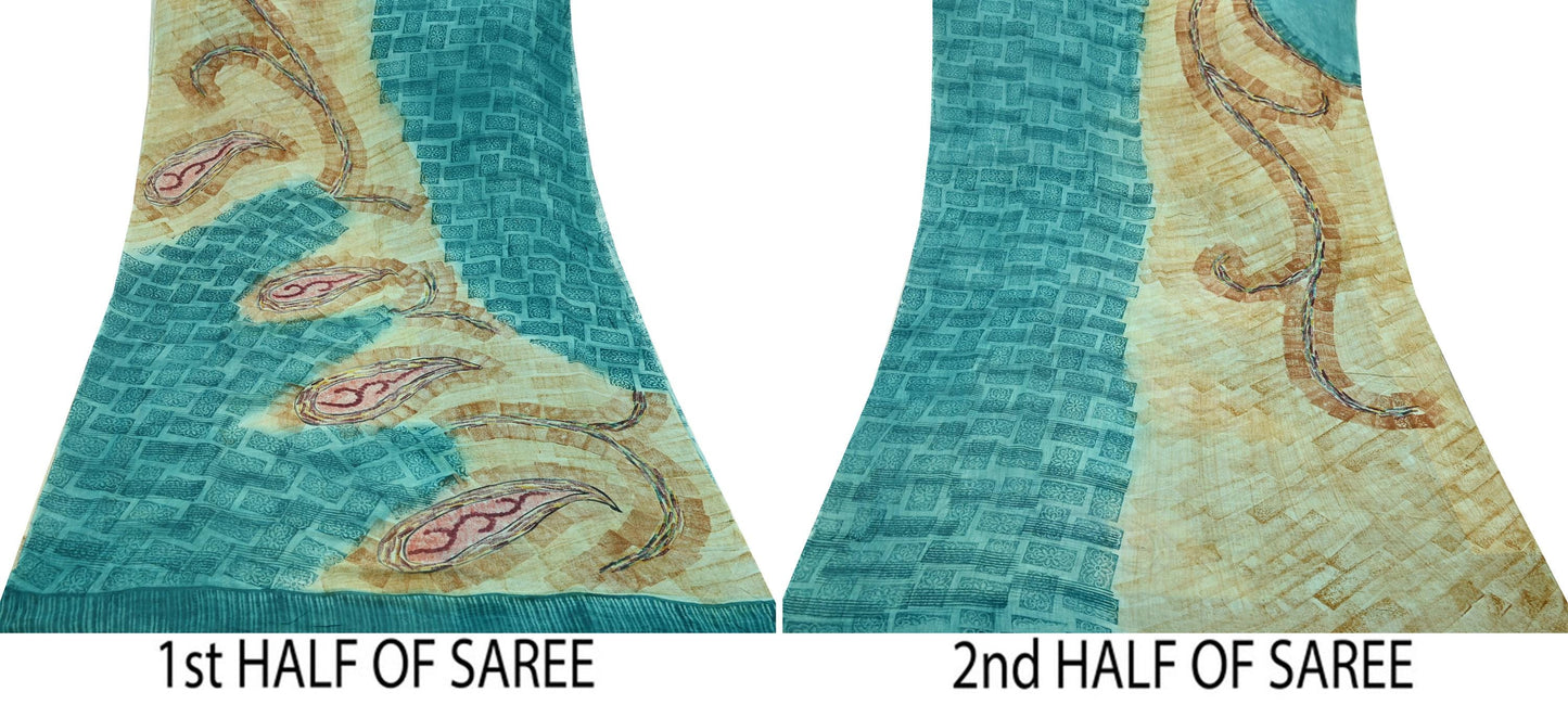 Indian Vintage Sari Beige & Blue Pure Georgette Silk Sarees Craft Fabric Sewing 5Yd Soft Light Dress Making Upcycle Quilting Crafting