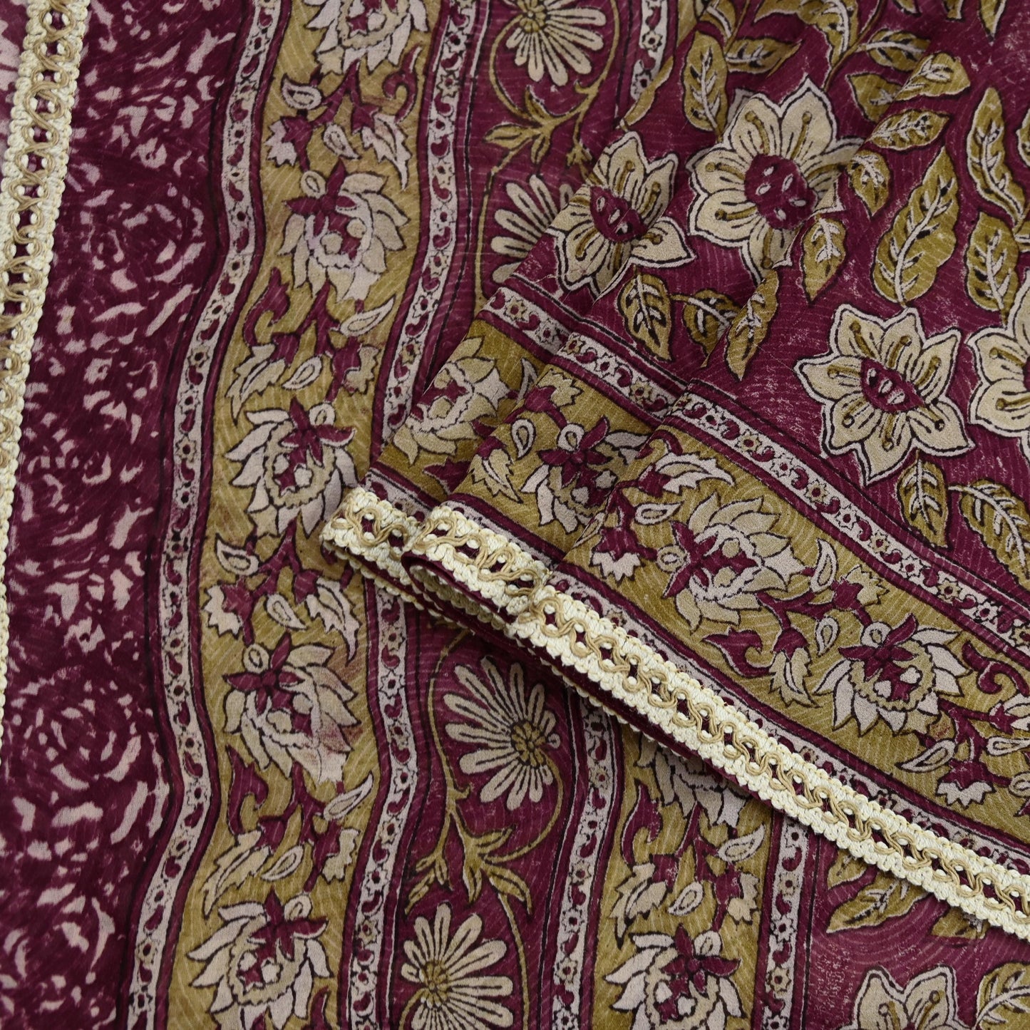 Indian Vintage Sari Beige & Maroon Pure Georgette Silk Block Printed Sarees Craft Fabric Sewing 5Yd Dress Making Crafting Quilting Upcycle