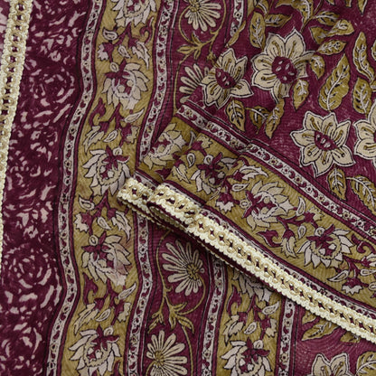 Indian Vintage Sari Beige & Maroon Pure Georgette Silk Block Printed Sarees Craft Fabric Sewing 5Yd Dress Making Crafting Quilting Upcycle