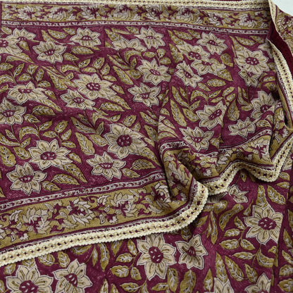 Indian Vintage Sari Beige & Maroon Pure Georgette Silk Block Printed Sarees Craft Fabric Sewing 5Yd Dress Making Crafting Quilting Upcycle