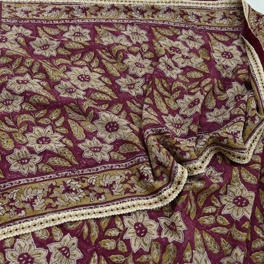 Indian Vintage Sari Beige & Maroon Pure Georgette Silk Block Printed Sarees Craft Fabric Sewing 5Yd Dress Making Crafting Quilting Upcycle