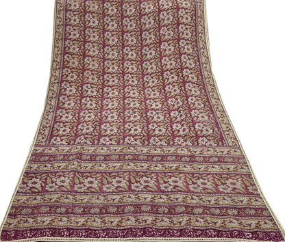 Indian Vintage Sari Beige & Maroon Pure Georgette Silk Block Printed Sarees Craft Fabric Sewing 5Yd Dress Making Crafting Quilting Upcycle