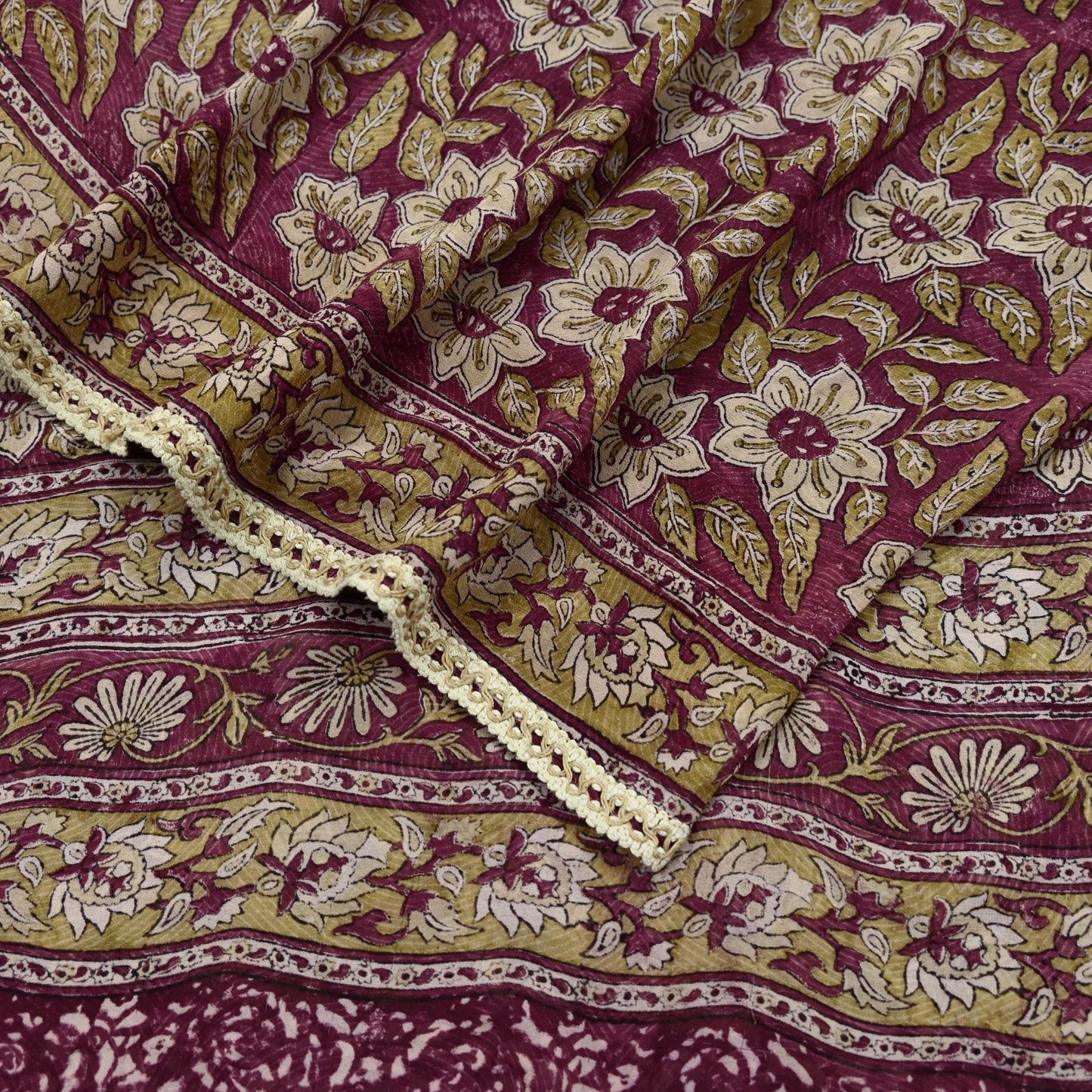 Indian Vintage Sari Beige & Maroon Pure Georgette Silk Block Printed Sarees Craft Fabric Sewing 5Yd Dress Making Crafting Quilting Upcycle