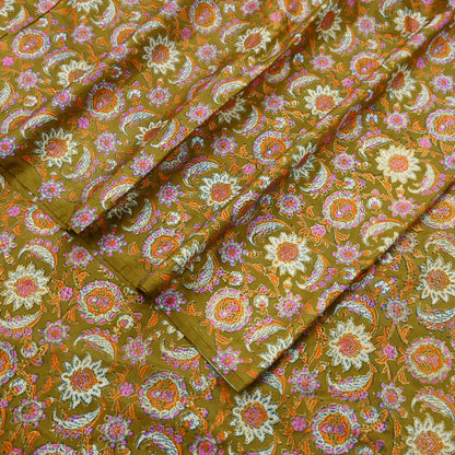 Indian Vintage Sari Green & Blue 100% Pure Silk Block Printed Sarees 5yd Sewing Craft Fabric Dress Making Wrap Crafting Quilting Upcycle