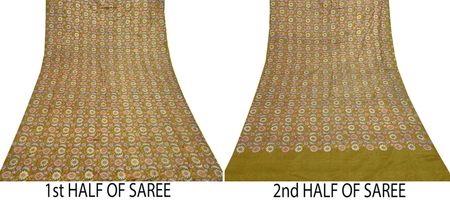 Indian Vintage Sari Green & Blue 100% Pure Silk Block Printed Sarees 5yd Sewing Craft Fabric Dress Making Wrap Crafting Quilting Upcycle