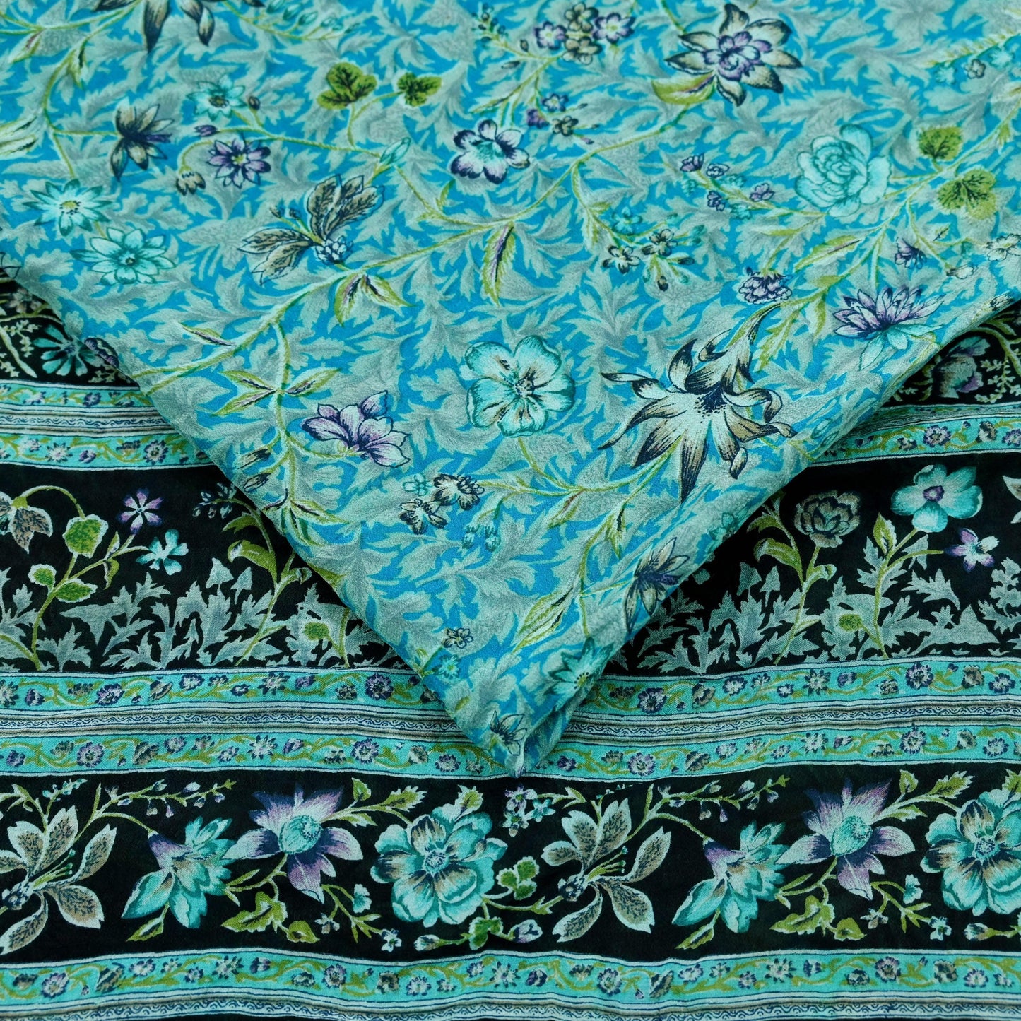 Indian Vintage Black & Blue Sarees Pure Silk Printed Indian Sari 6yd Sewing Craft Fabric DressMaking Floral Soft Crafting Quilting