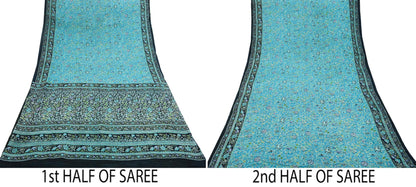 Indian Vintage Black & Blue Sarees Pure Silk Printed Indian Sari 6yd Sewing Craft Fabric DressMaking Floral Soft Crafting Quilting