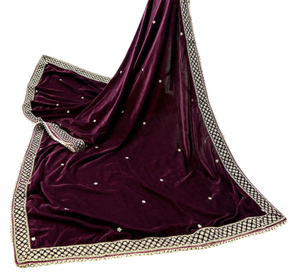 Indian Vintage Heavy Wedding Wine Dupatta Velvet Long Stole Hand Embroidered Scarves Zari Hijab Veil Wrap