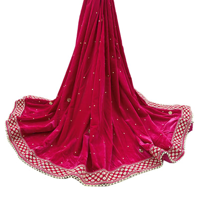 Indian Vintage Heavy Wedding Rani Pink Dupatta Velvet Long Stole Hand Embroidered Scarves Zari Hijab Veil Wrap Wedding dupatta