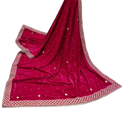 Indian Vintage Heavy Wedding Rani Pink Dupatta Velvet Long Stole Hand Embroidered Scarves Zari Hijab Veil Wrap Wedding dupatta
