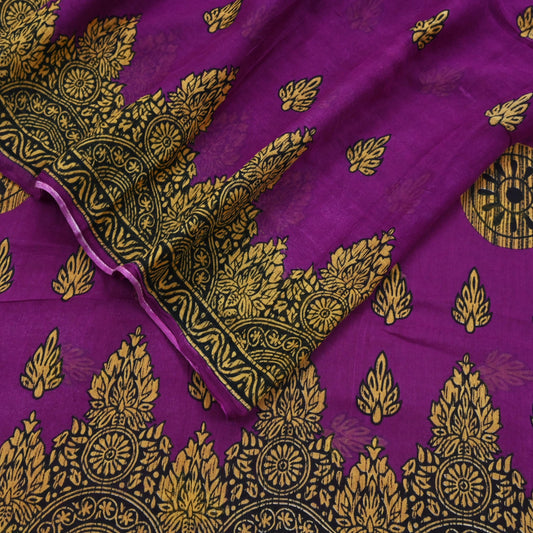 Indian Vintage Purple Saree Printed Pure Cotton Sari Craft Fabric 5Yd Soft Sewing Sarong Wrap Boho Floral Dress making Crafting Used