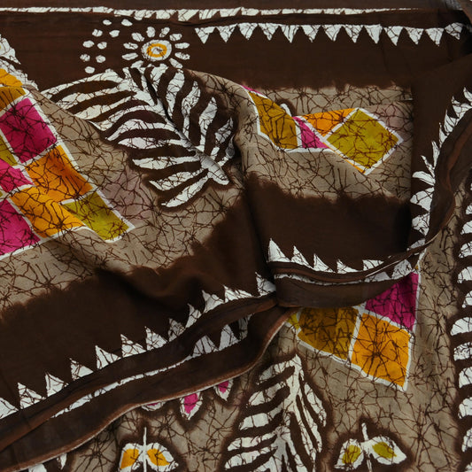 Indian Vintage Sari Brown Batik Printed 100% Pure Cotton Saree Craft Fabric 5Yd Soft Sewing Sarong Wrap Boho Dress making Crafting