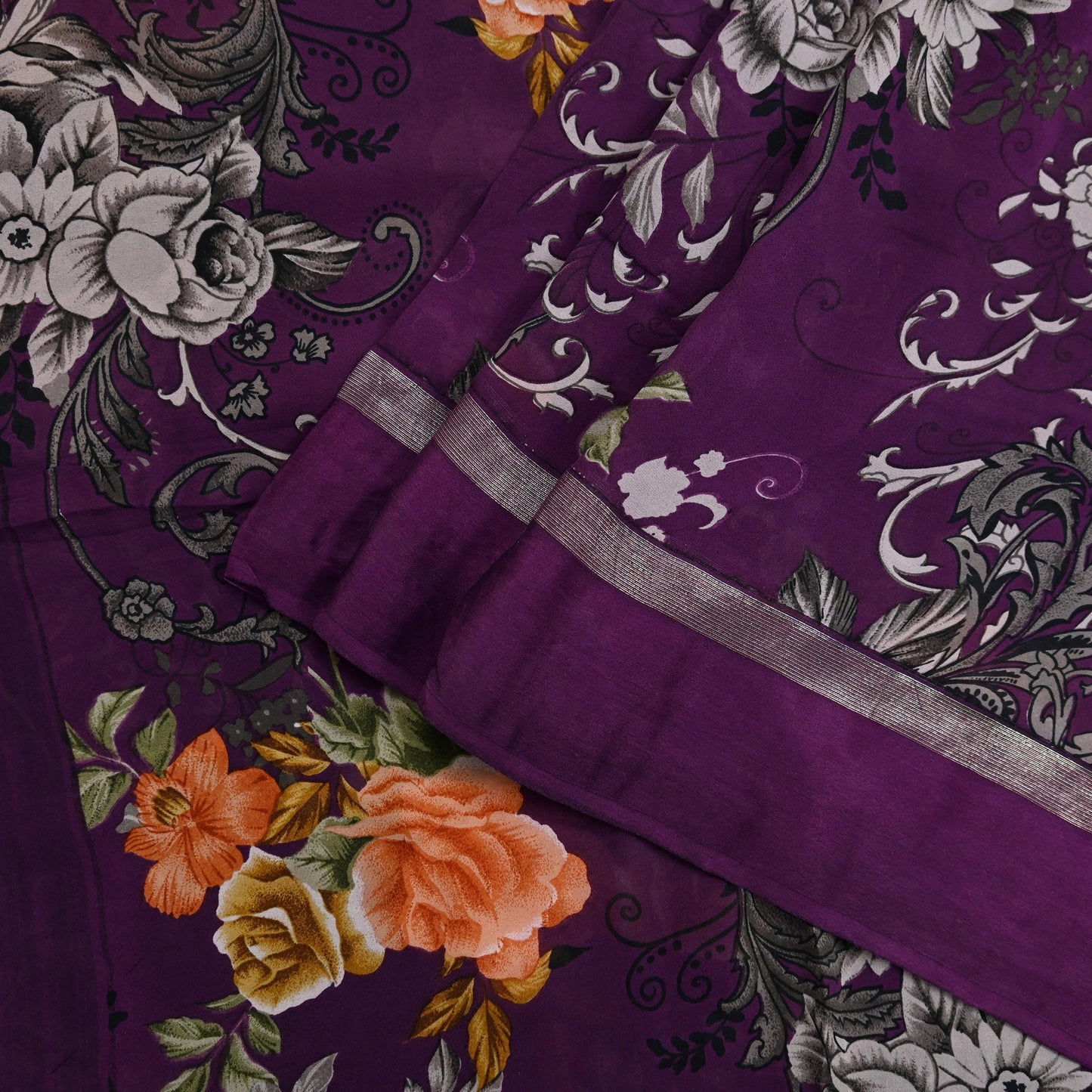 Indian Vintage Purple Saree Pure Crepe Silk Printed Sari Craft Fabric 5yd Sewing Floral Soft Wrap Dress making Crafting