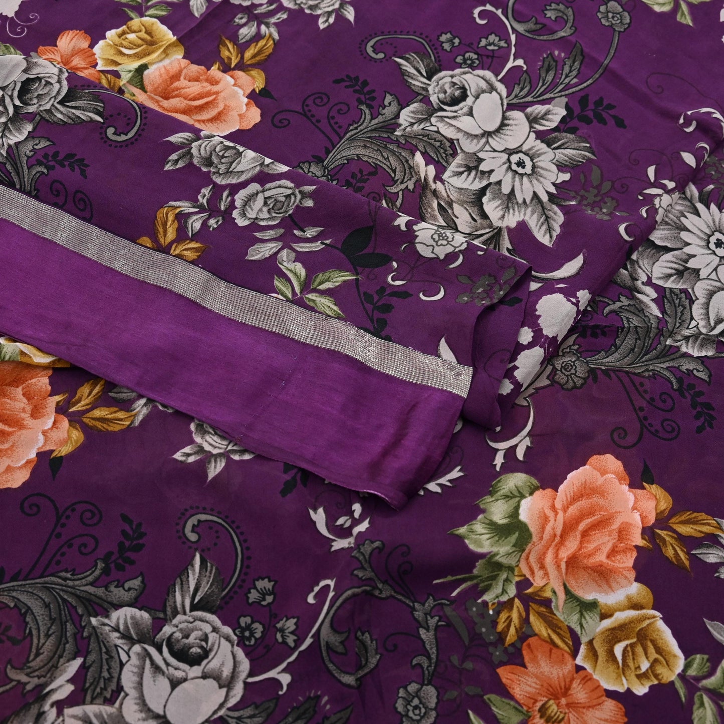 Indian Vintage Purple Saree Pure Crepe Silk Printed Sari Craft Fabric 5yd Sewing Floral Soft Wrap Dress making Crafting