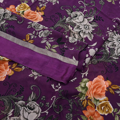 Indian Vintage Purple Saree Pure Crepe Silk Printed Sari Craft Fabric 5yd Sewing Floral Soft Wrap Dress making Crafting
