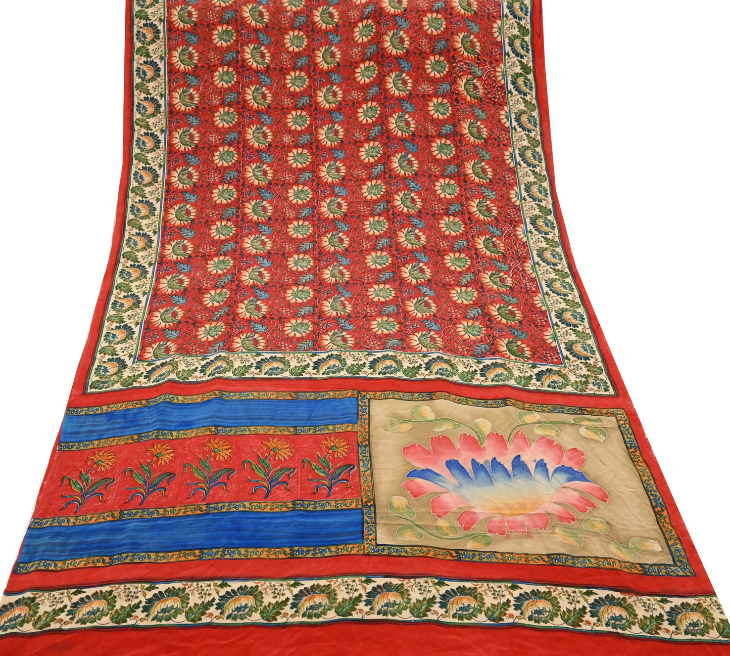 Indian Vintage Sari Red & Beige Pure Crepe Silk Printed Sarees 5yd Sewing Craft Fabric  Floral Soft Wrap Dress making Upcycle Quilting